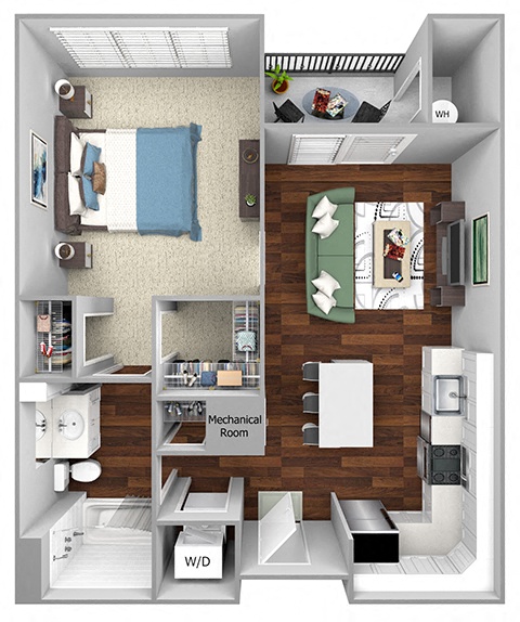Floor plan for 1 bed, 1 bath, 720 sqft